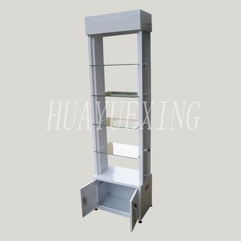 Fashionable glass shelves white metal display rack with cabinet  HYX-017